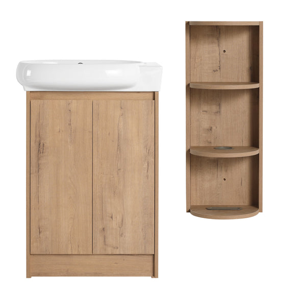 Light wood freestanding bathroom vanity with oval sink and two cabinet doors, plus matching storage rack