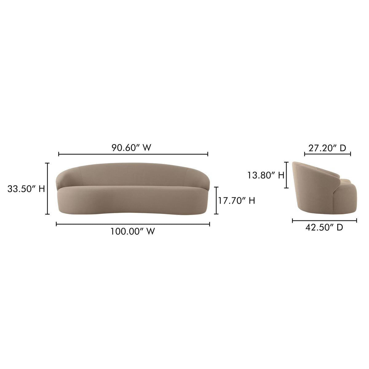 Taupe outdoor sofa dimensions diagram with rounded seat and back