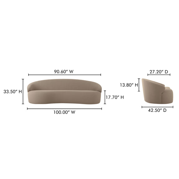 Taupe outdoor sofa dimensions diagram with rounded seat and back