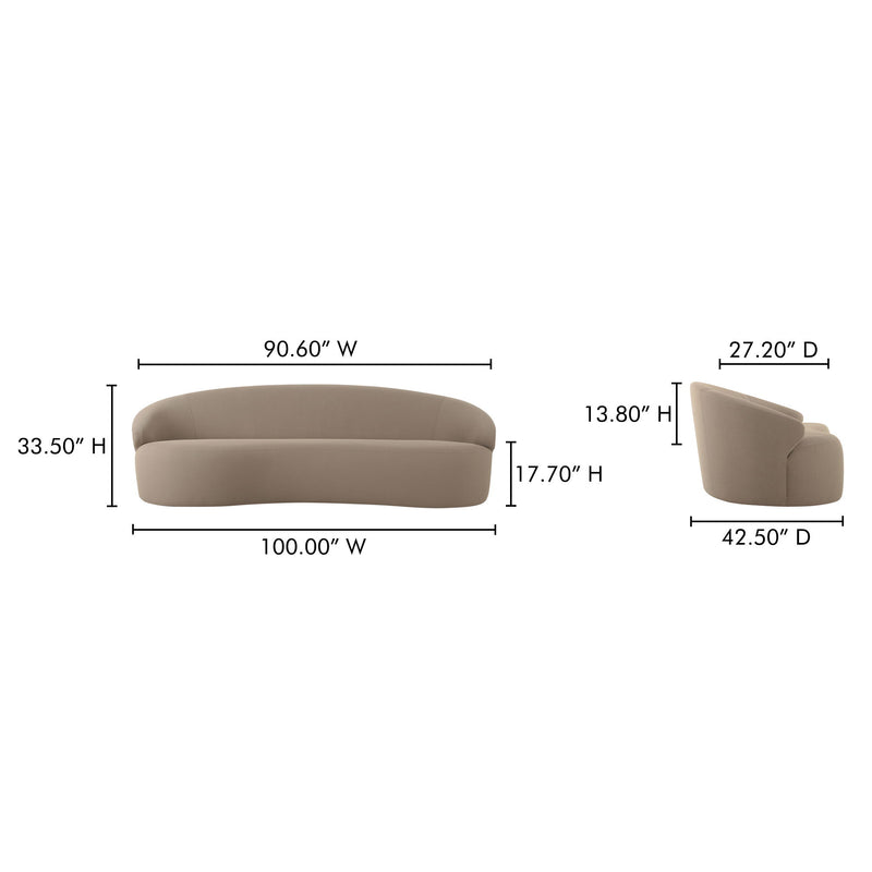 Taupe outdoor sofa dimensions diagram with rounded seat and back
