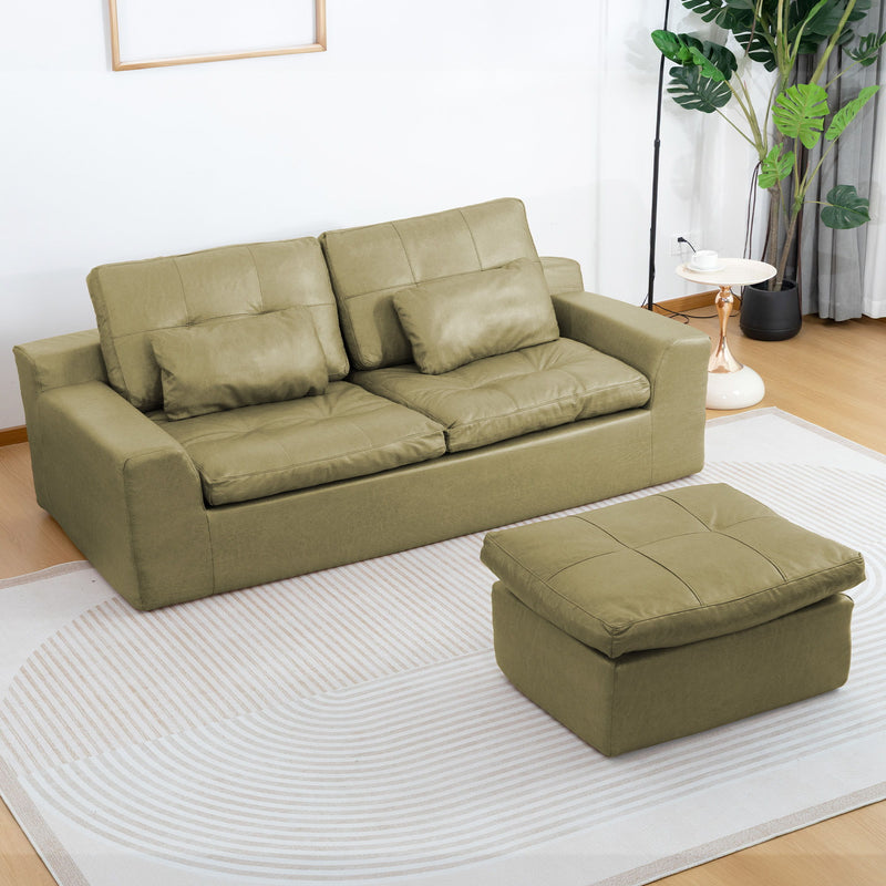 Light green L-shaped sofa with movable ottoman; padded back and seat cushions