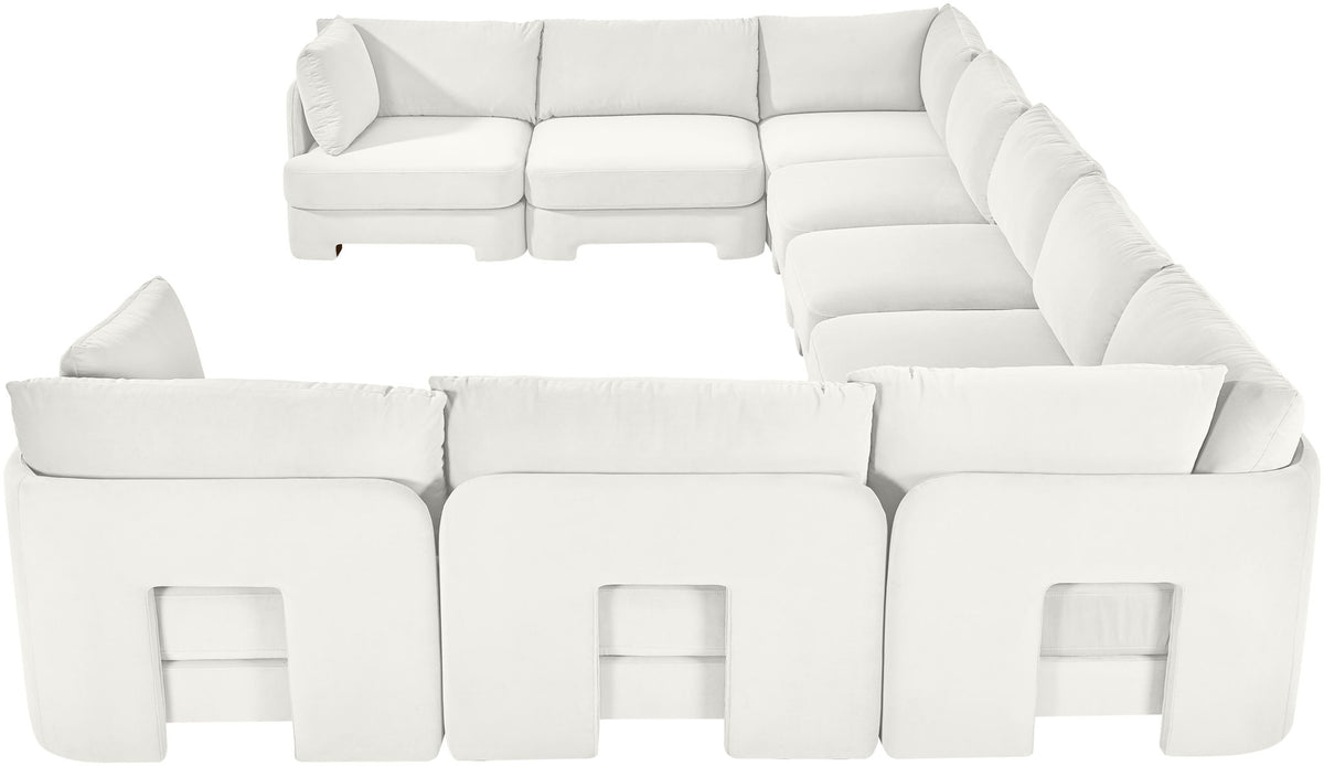 White velvet performance sectional sofa, 9-piece modular set with chaise sections