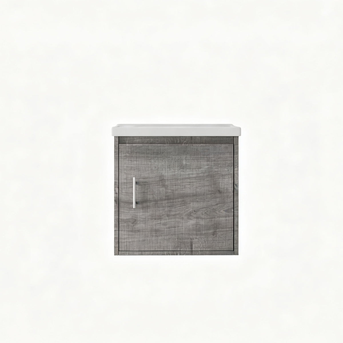 Wall-mounted bathroom vanity cabinet with sink, gray textured door and silver vertical handle