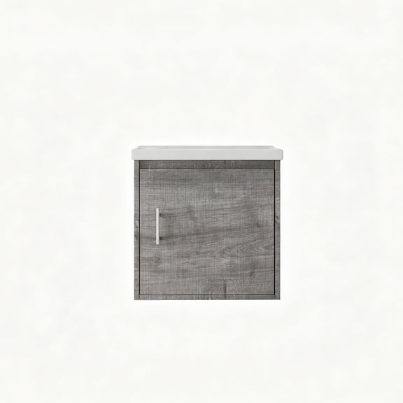 Wall-mounted bathroom vanity cabinet with sink, gray textured door and silver vertical handle