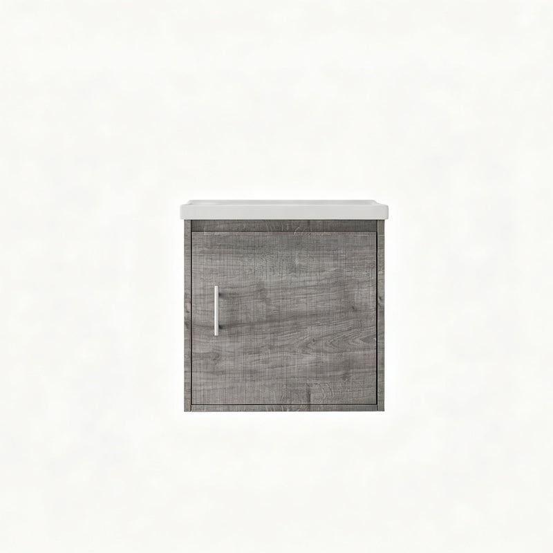 Wall-mounted bathroom vanity cabinet with sink, gray textured door and silver vertical handle
