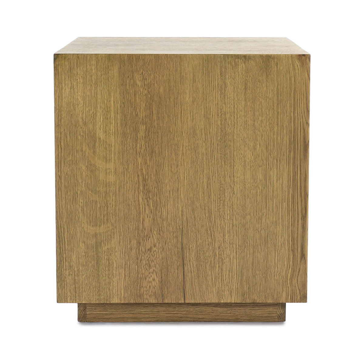 Square end table in dark natural wood finish with full side panel and grain