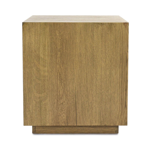 Square end table in dark natural wood finish with full side panel and grain