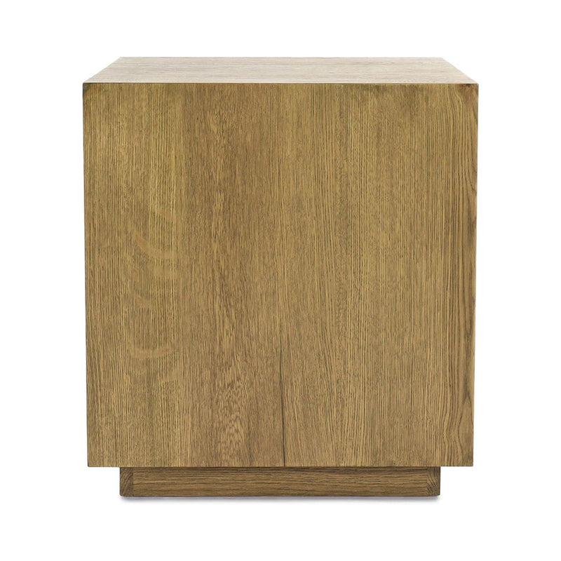Square end table in dark natural wood finish with full side panel and grain