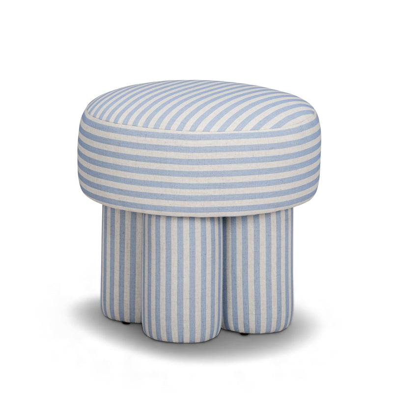 Light blue and cream striped accent stool with cushioned round top and padded base.