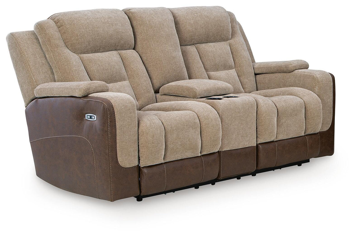 Power reclining loveseat with console and adjustable headrests, beige and brown upholstery