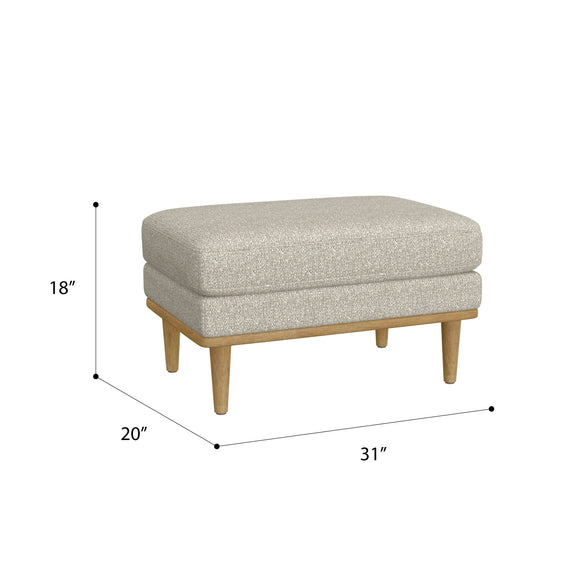 Tan ottoman with 18 x 20 x 31 in dimensions, rounded top, wooden legs.