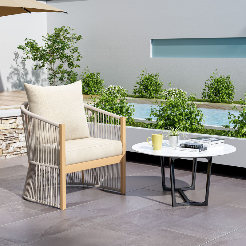 Modern Curved Aluminum Lounge Chair With Stylish Rope Weave Design And Cushioned Comfort For Outdoor