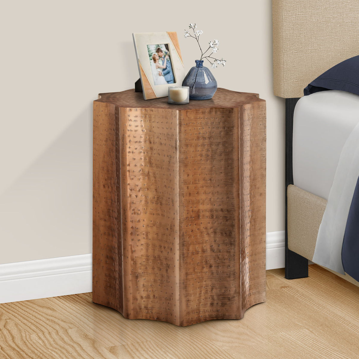 Drum Accent Side Table, Stylish Scalloped Design