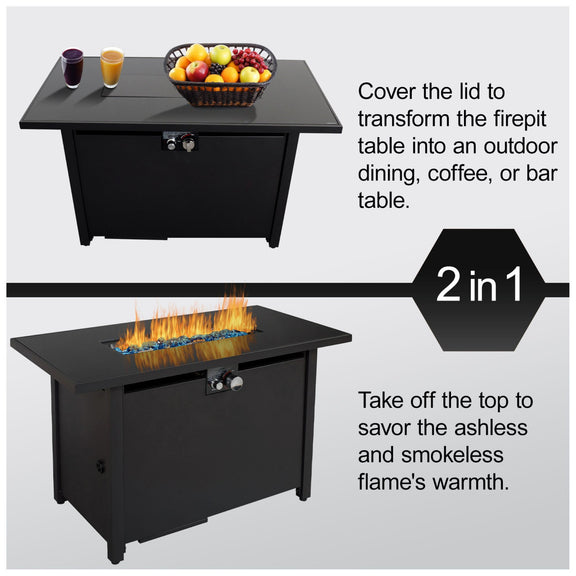 Black fire pit table shown with lid closed and open fire bowl with control valve