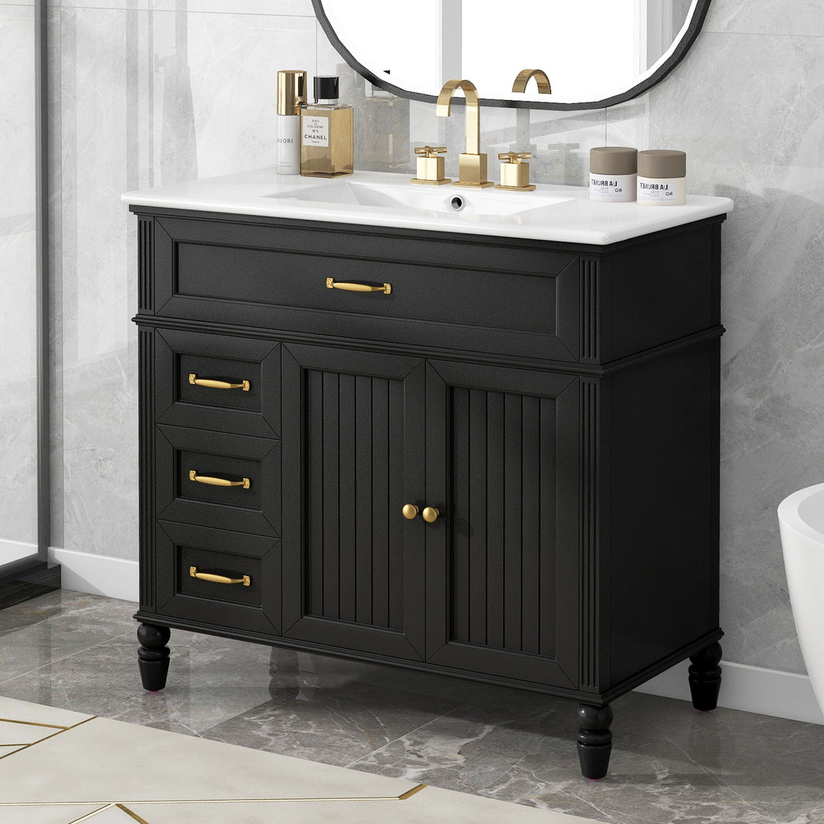 Black bathroom vanity with white countertop, 2 doors and drawers, gold bar pulls