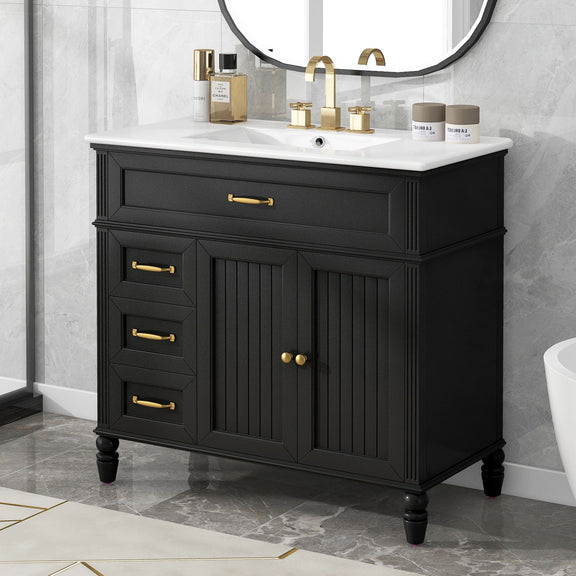 Black bathroom vanity with white countertop, 2 doors and drawers, gold bar pulls