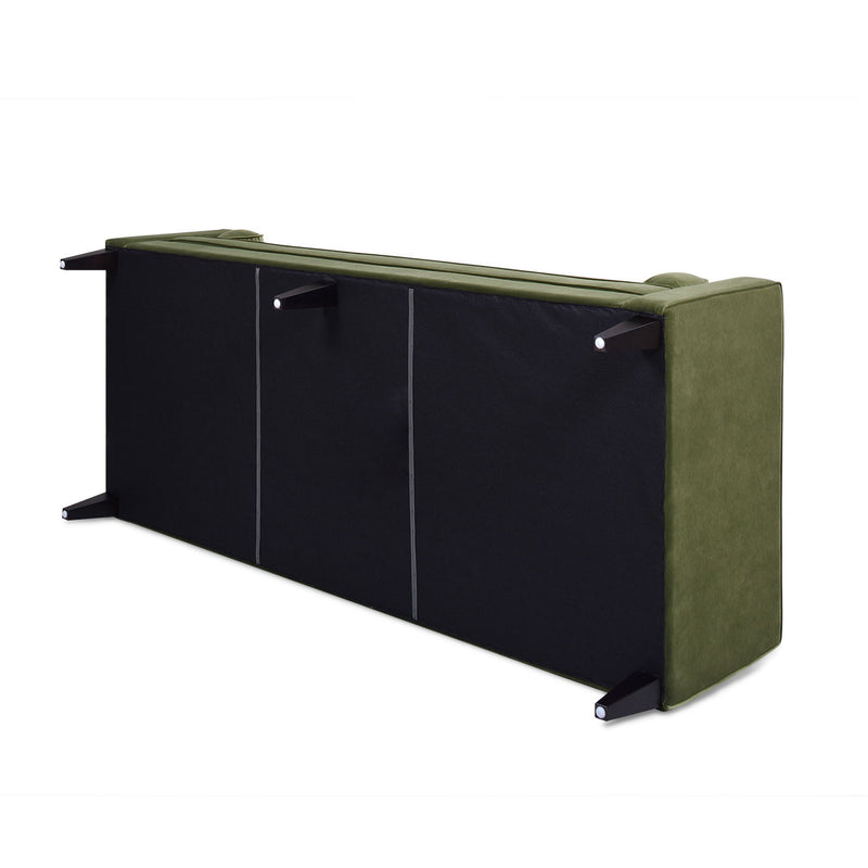 Olive green sofa with dark underside panels and tapered metal-like legs