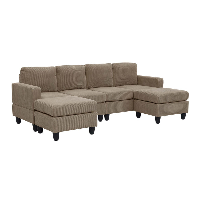 Light brown modular sectional sofa with two ottomans and chaise-style corner seating