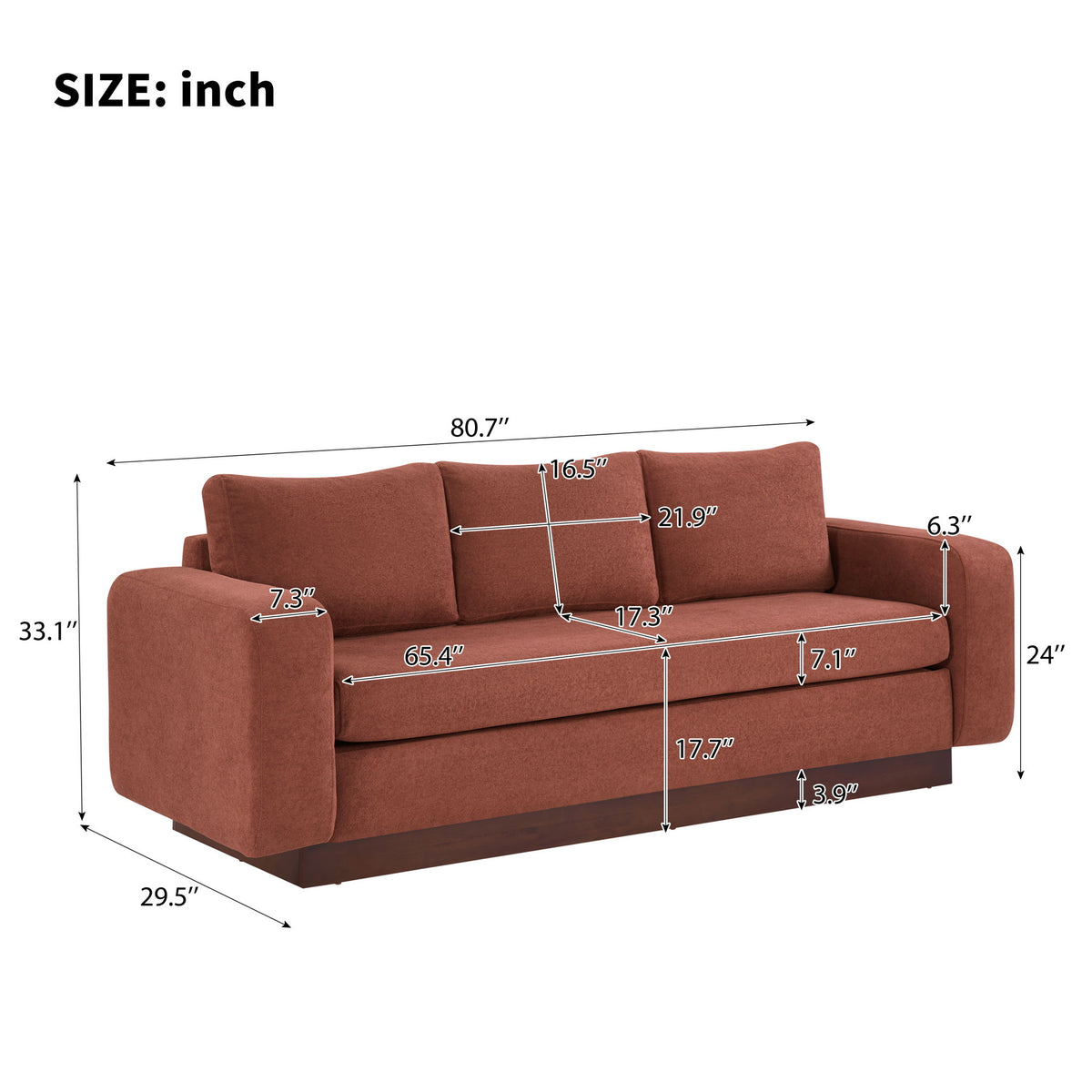 Rust red 3-seater sofa with padded arms and box seat cushions, shown with measurements