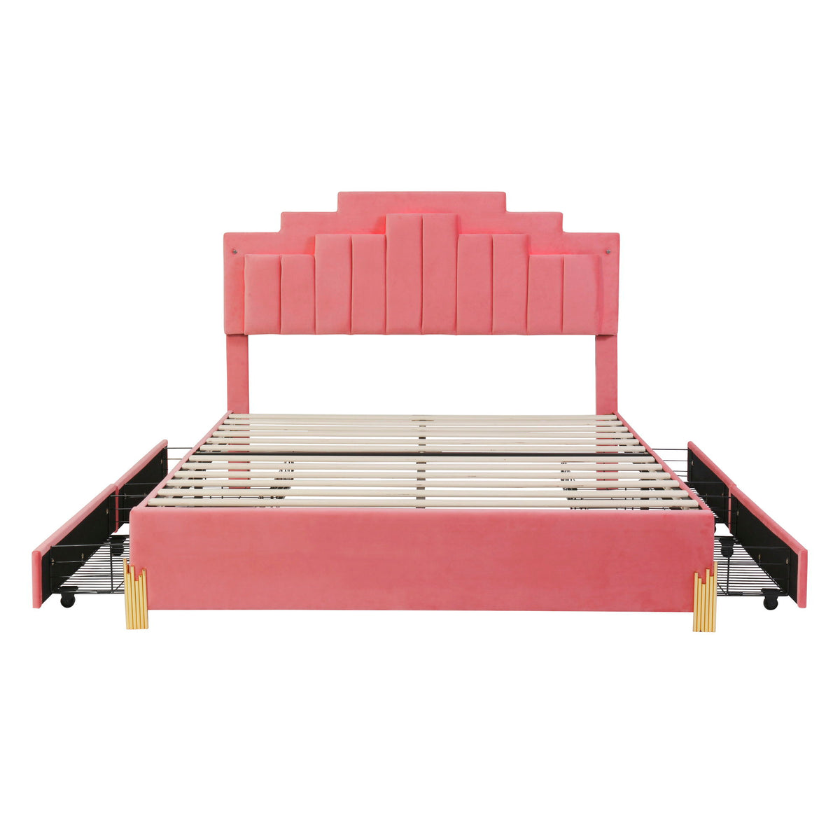 Queen Size Upholstered Platform Bed With LED Lights And 4 Drawers, Stylish Irregular Metal Bed Legs Design - Pink