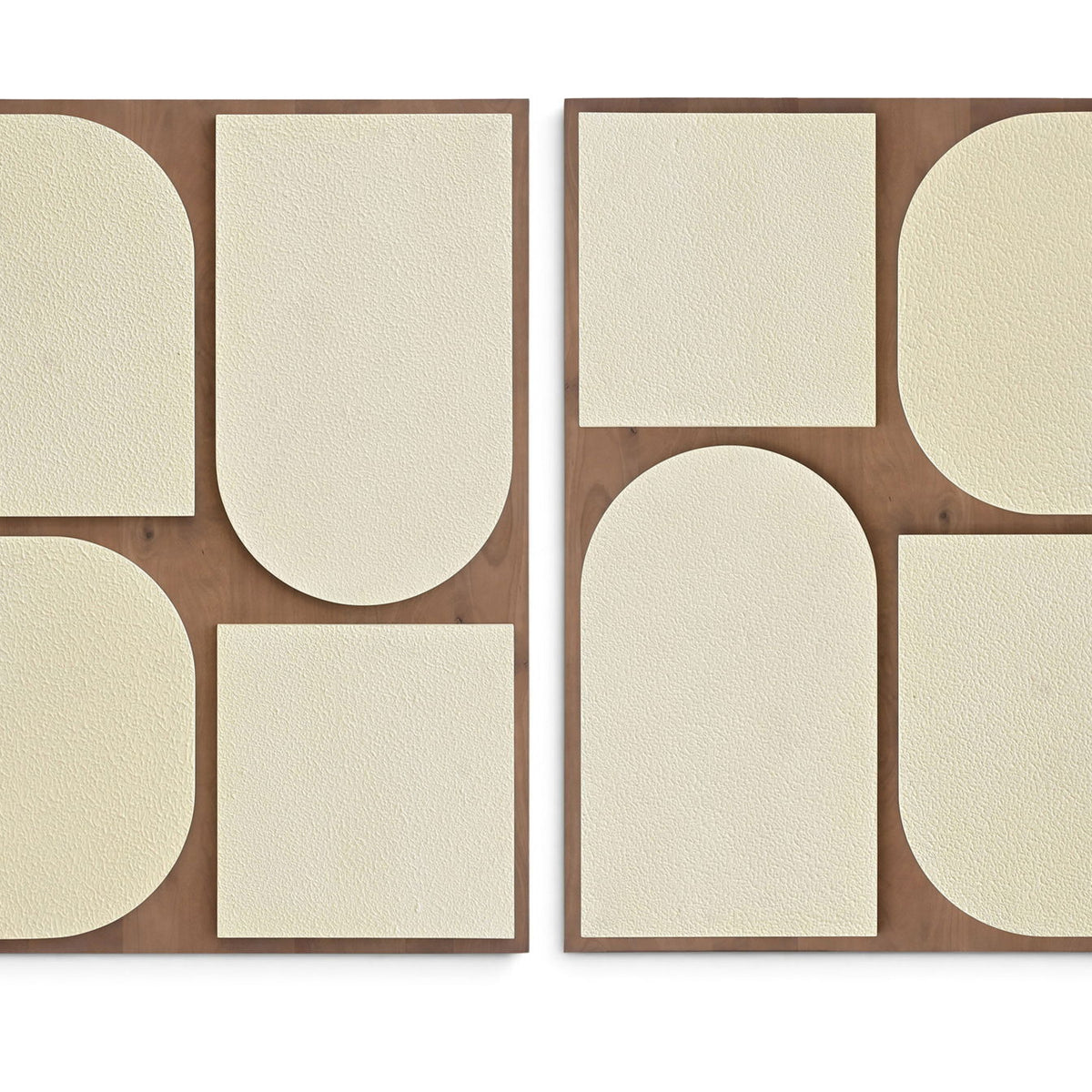 Two-piece wall art set with warm wood frames and light beige abstract rounded panels.