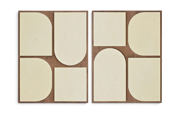 Two-piece wall art set with warm wood frames and light beige abstract rounded panels.