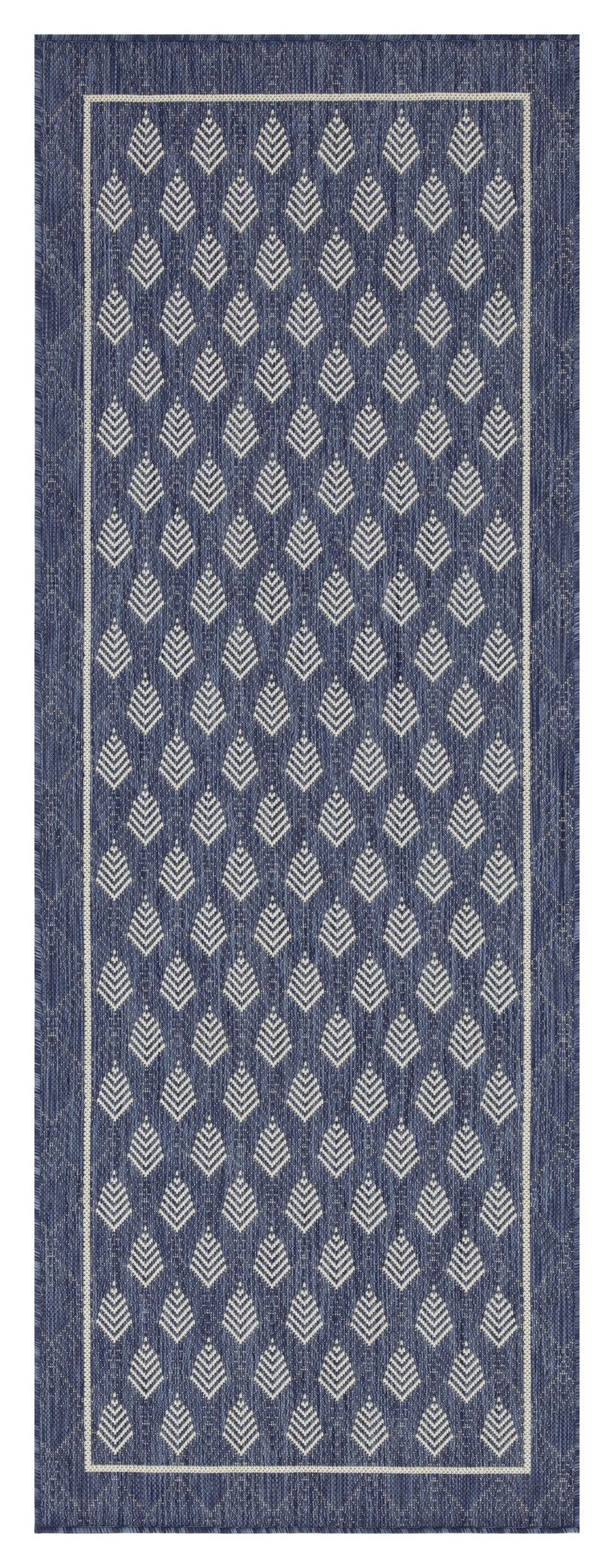 Blue indoor/outdoor area rug with repeating diamond pattern and dark border