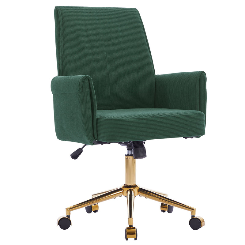 Upholstered mid-back office chair with gold base, ribbed dark green fabric and armrests