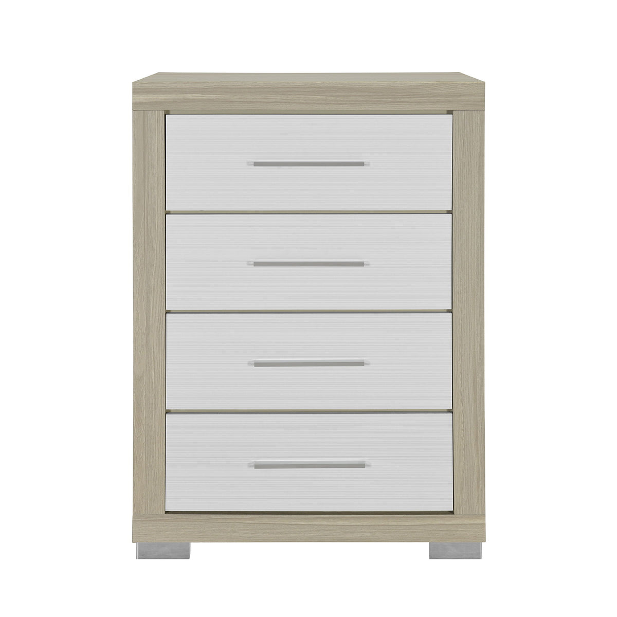White chest of drawers with four drawers and bar handles, light wood sides