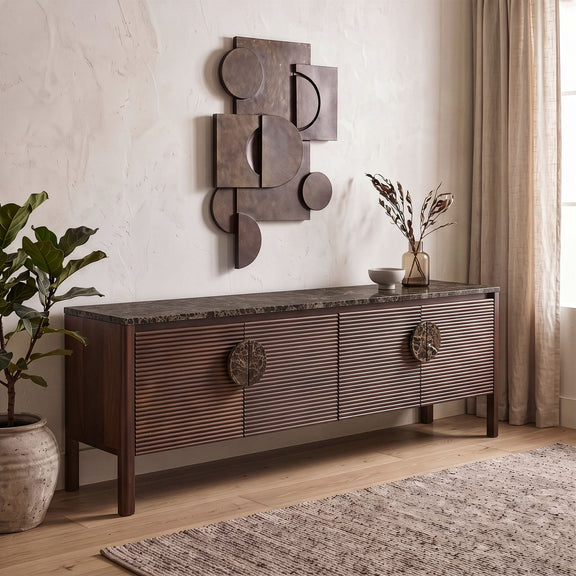Varenna 69-inch media console with speckled marble top and three drawer fronts with round pulls