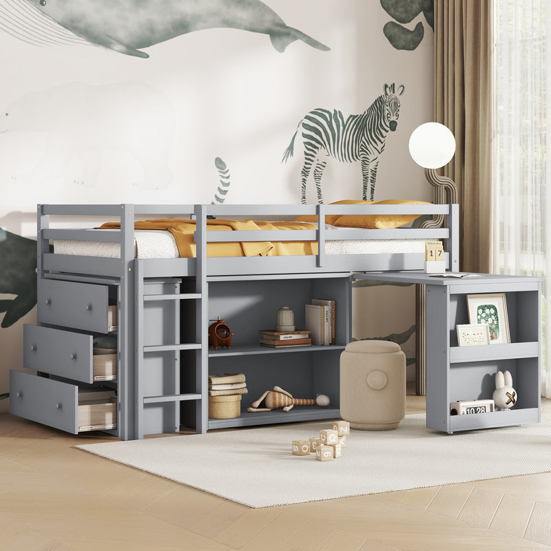 Twin Loft Bed with Drawer Cabinet, Shelf Cabinet and Pulling -Out Desk, Rubber Wood Loft Bed with Safety Guardrail, Ladder, Grey