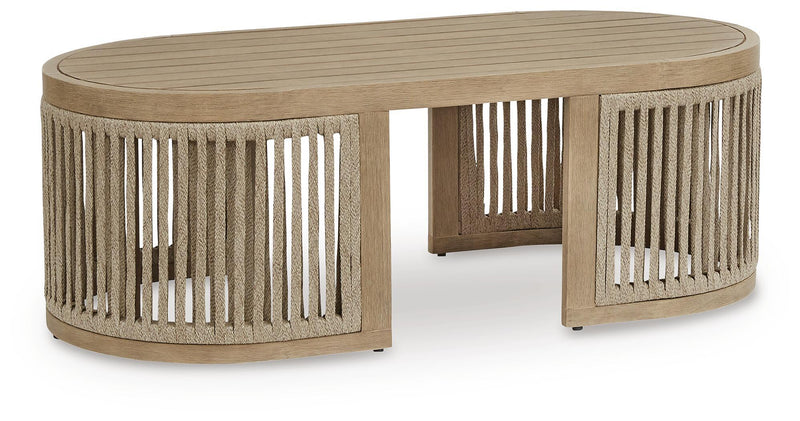 Beige round cocktail table angled view with slatted sides and circular wooden top