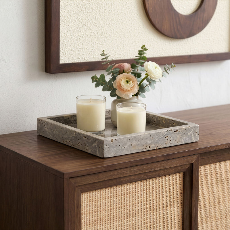 Genuine marble tray with raised edges, dark gray speckled stone finish