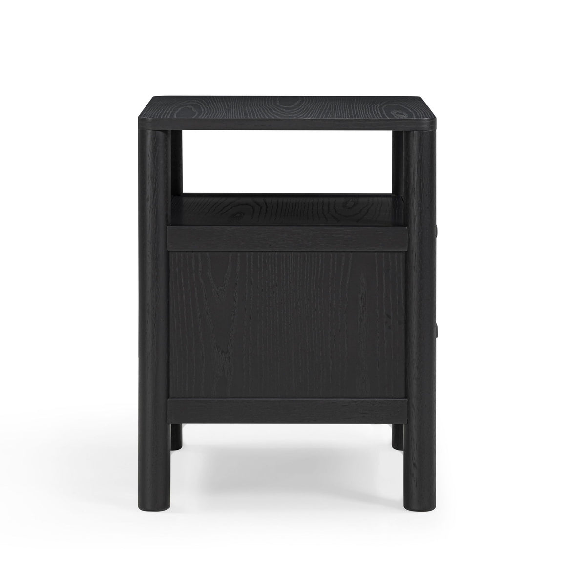 Black nightstand with open top shelf and one front drawer opening
