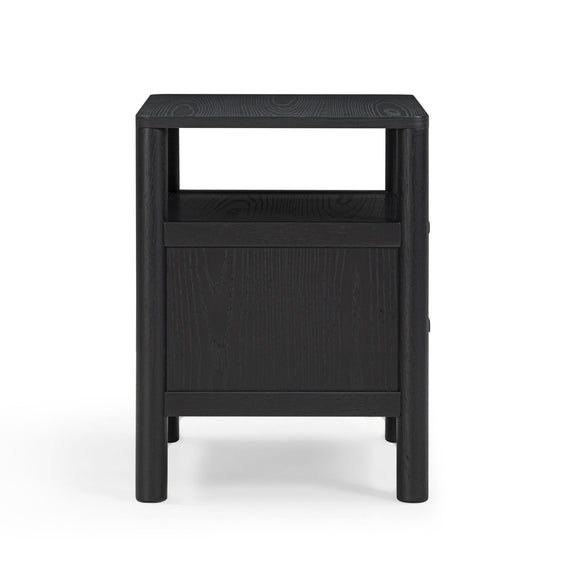 Black nightstand with open top shelf and one front drawer opening