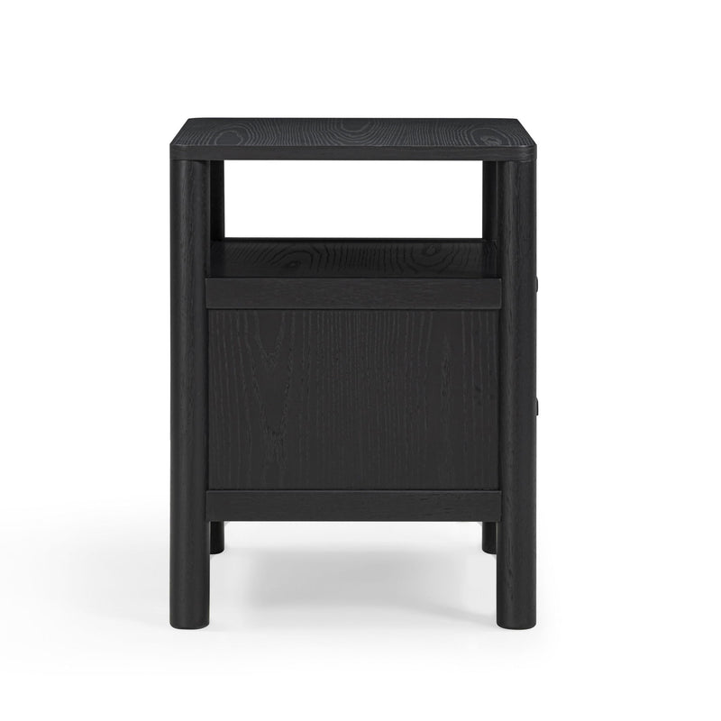 Black nightstand with open top shelf and one front drawer opening