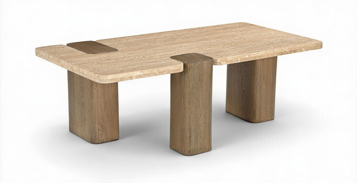 Ravenna - Genuine Fabric Travertine And Oak Wood Table