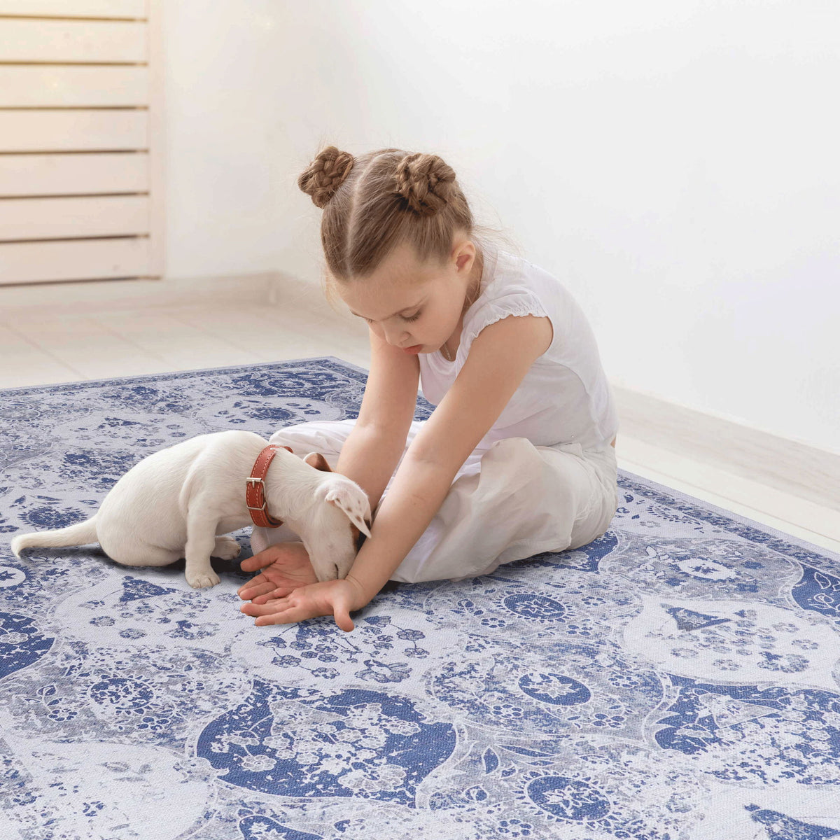 Blue and white ornate area rug with distressed circular medallion pattern and border