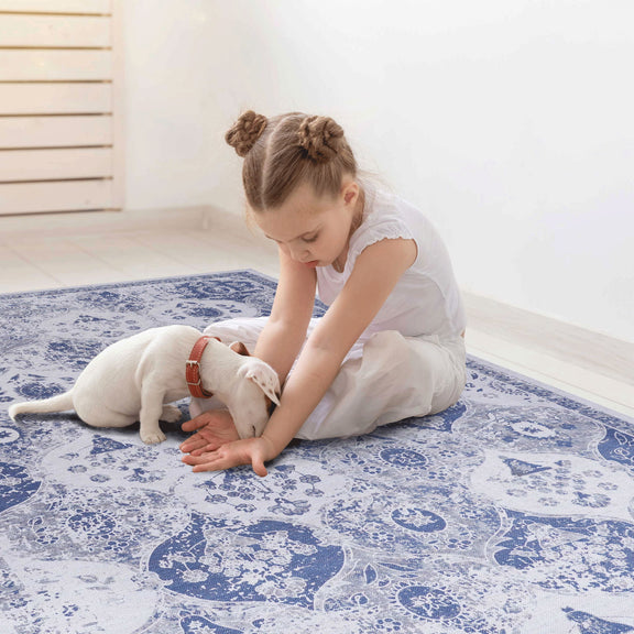 Blue and white ornate area rug with distressed circular medallion pattern and border