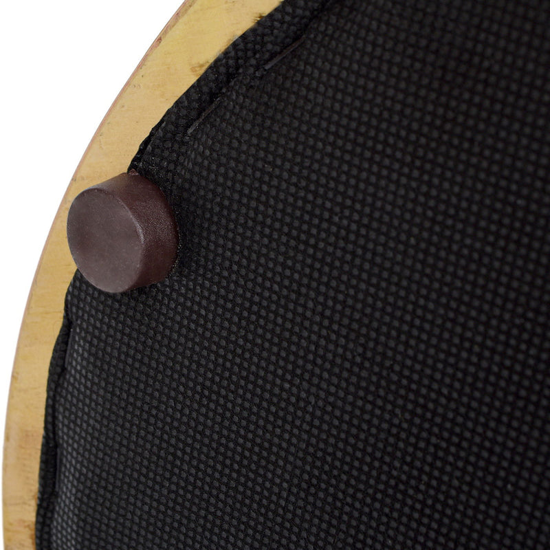 Close-up of dark fabric edge on stool base with metal mounting detail