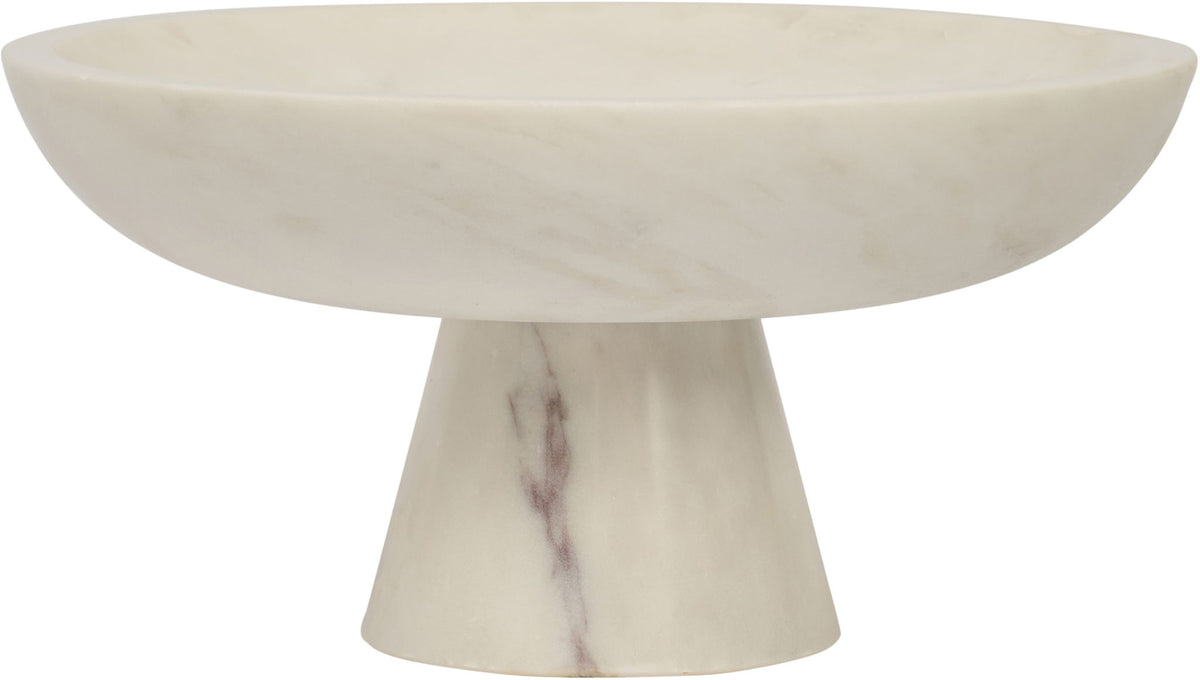 White marble pedestal bowl with shallow round basin and light purple veining