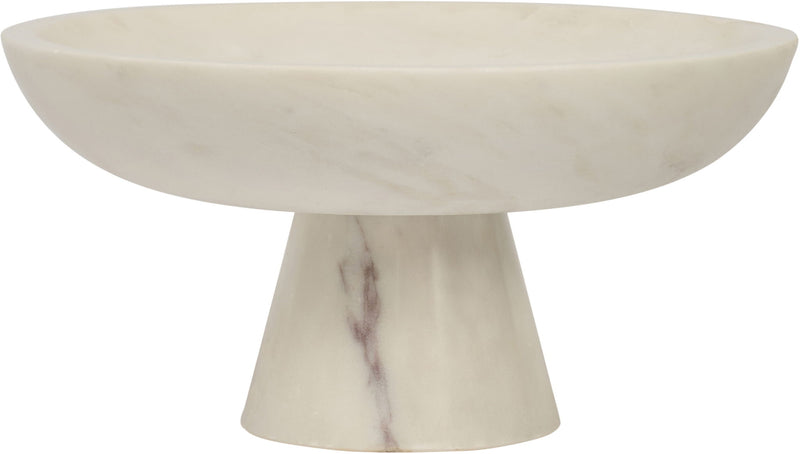 White marble pedestal bowl with shallow round basin and light purple veining