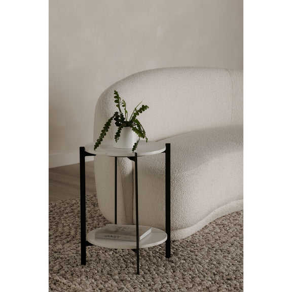 Round accent side table with white marble-look shelves and black metal frame