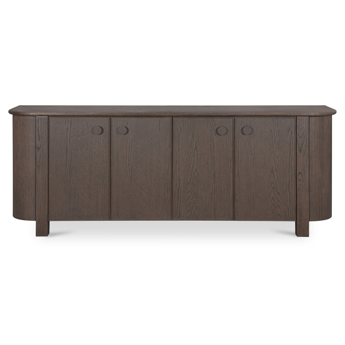 Dark brown wooden sideboard with four paneled doors and round metal knobs