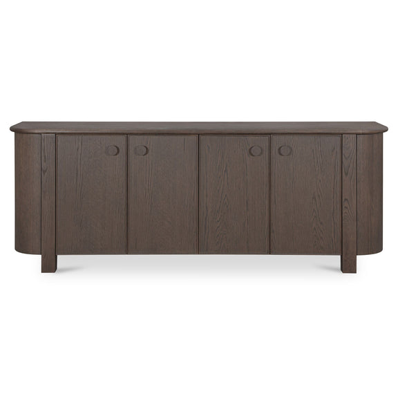 Dark brown wooden sideboard with four paneled doors and round metal knobs