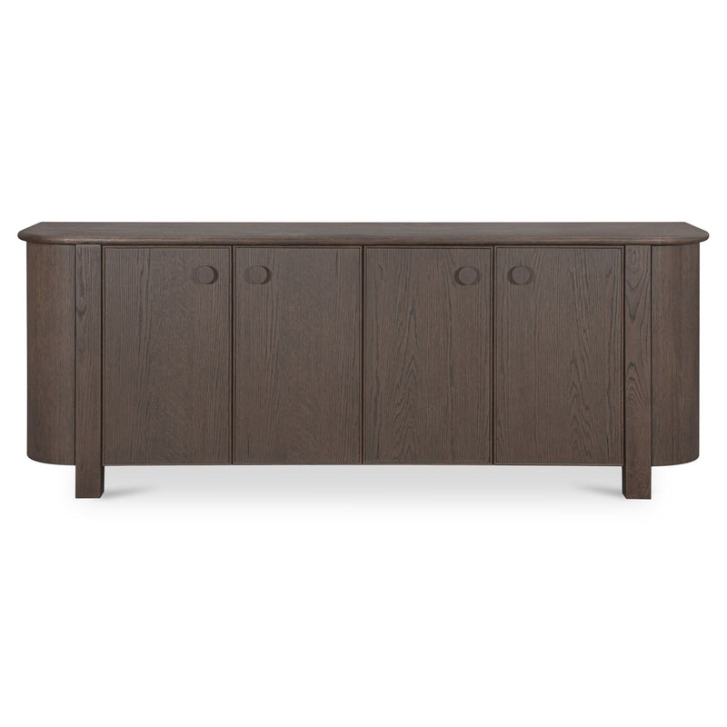 Dark brown wooden sideboard with four paneled doors and round metal knobs