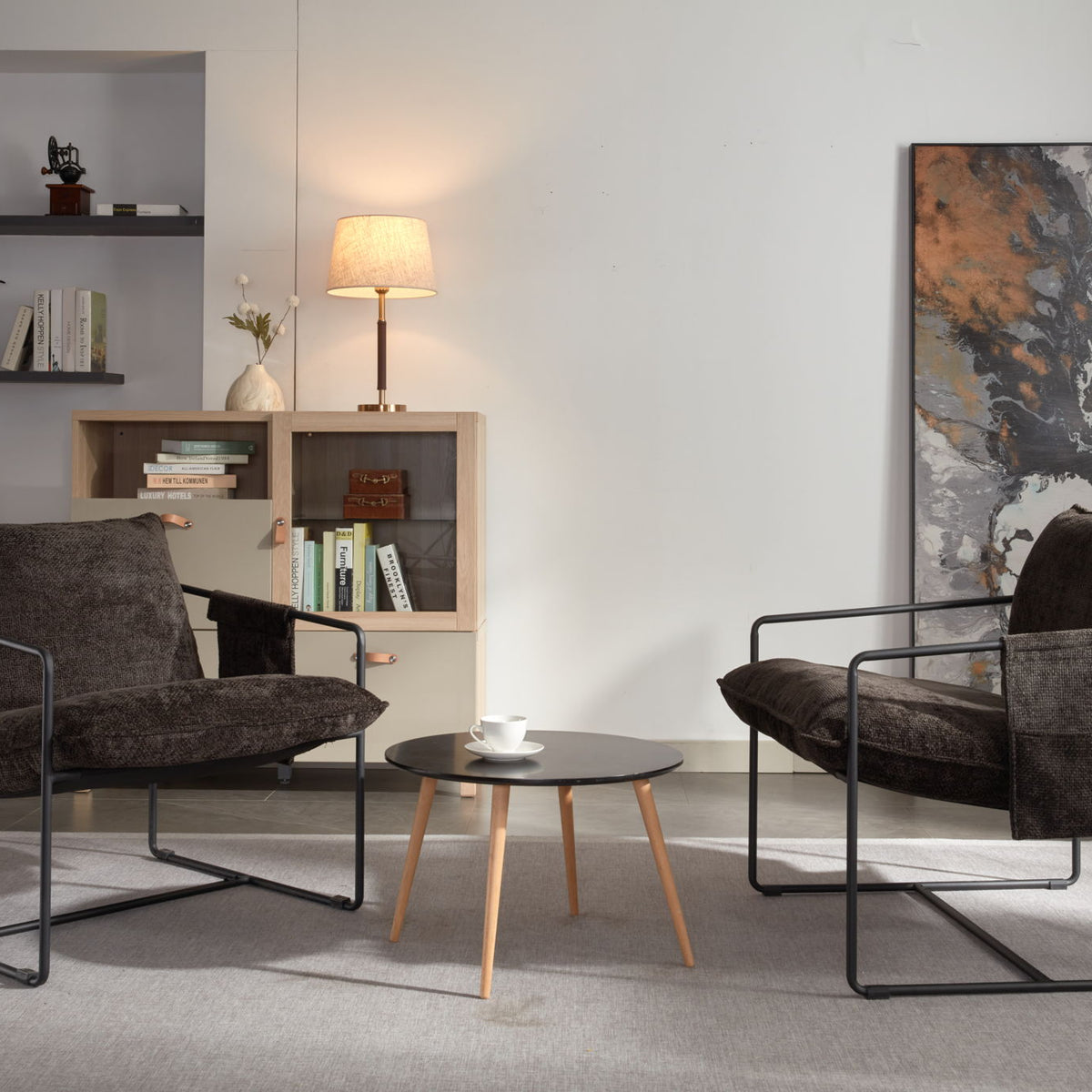 Upholstered Hanging Armchair With Arm Pocket Metal Frame (Set of 2), Crushed Foam Cushions And Skin-Friendly Braid For Living Room And Bedroom
