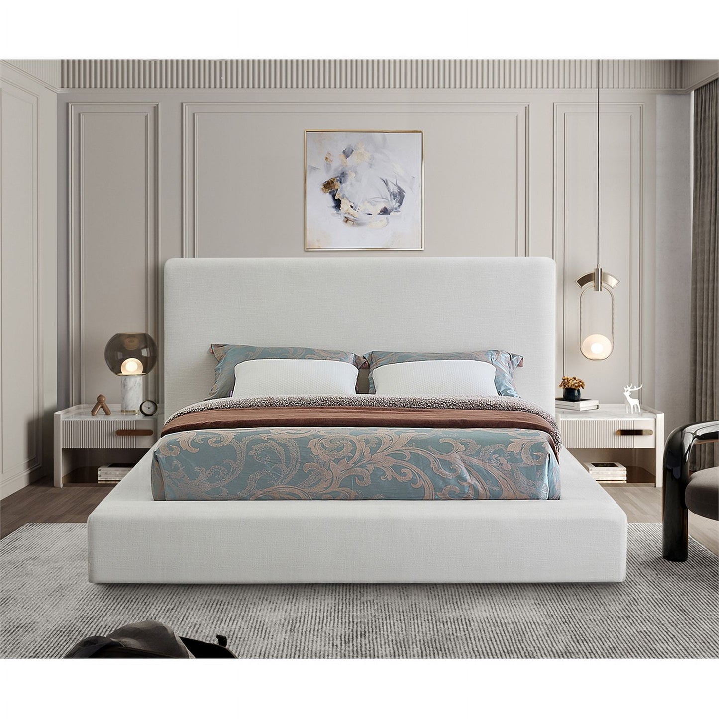 Meridian Furniture Devin Cream Linen Textured Fabric Bed