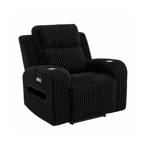 Black ribbed power recliner with padded headrest and built-in cup holders