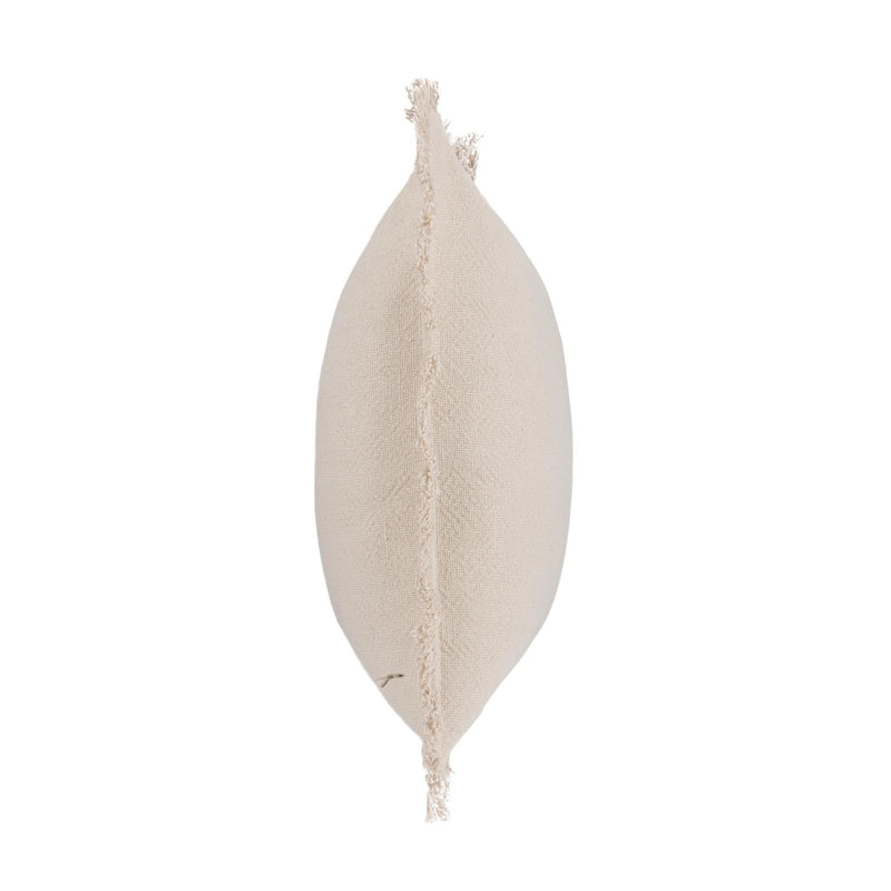 Ivory teardrop decorative pillow with vertical seam and short fringed border